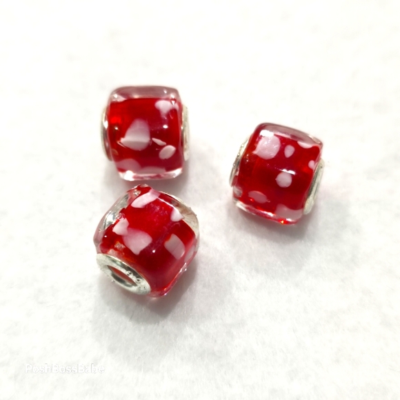 Set of 3 Red & White Polka Dot Murano Glass Square European Beads – 925 Sterling - Picture 1 of 7